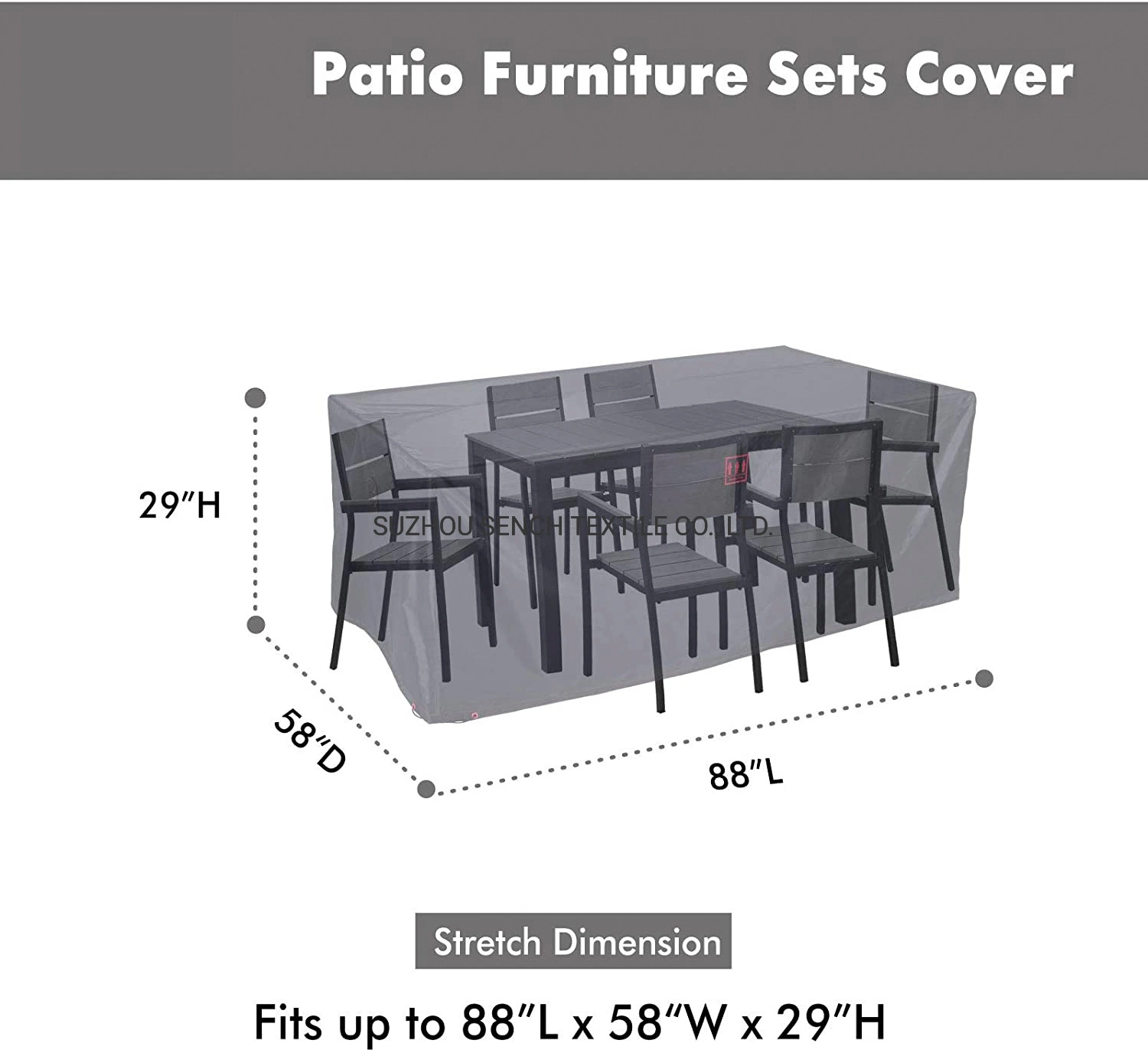 A mobília do pátio Tampa de ajuste, Rectangular durável resistente à água exterior resistente a UV Anti-Fading mesa de jantar cadeiras cobrir com suporte de metal e atualizar o ar Ven