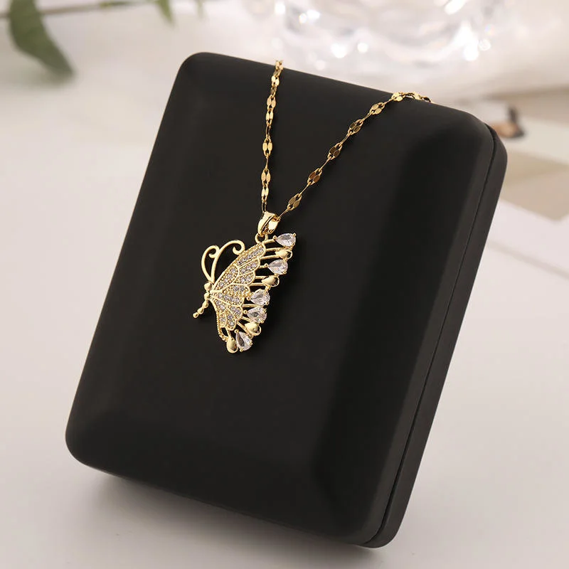 Stainless Steel Geometric Fritillaria Butterfly Pendant Necklace Zircon Snow Flower