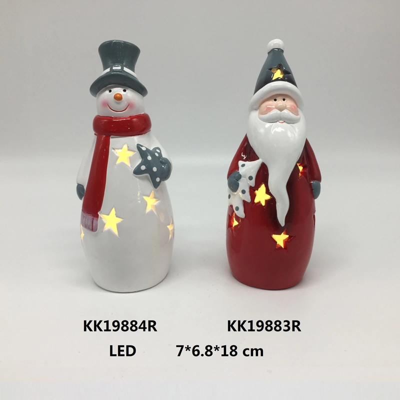 Joli porte-bougie en céramique père Noël et bonhomme de neige, métiers d'art de Noël avec LED pour la décoration de maison