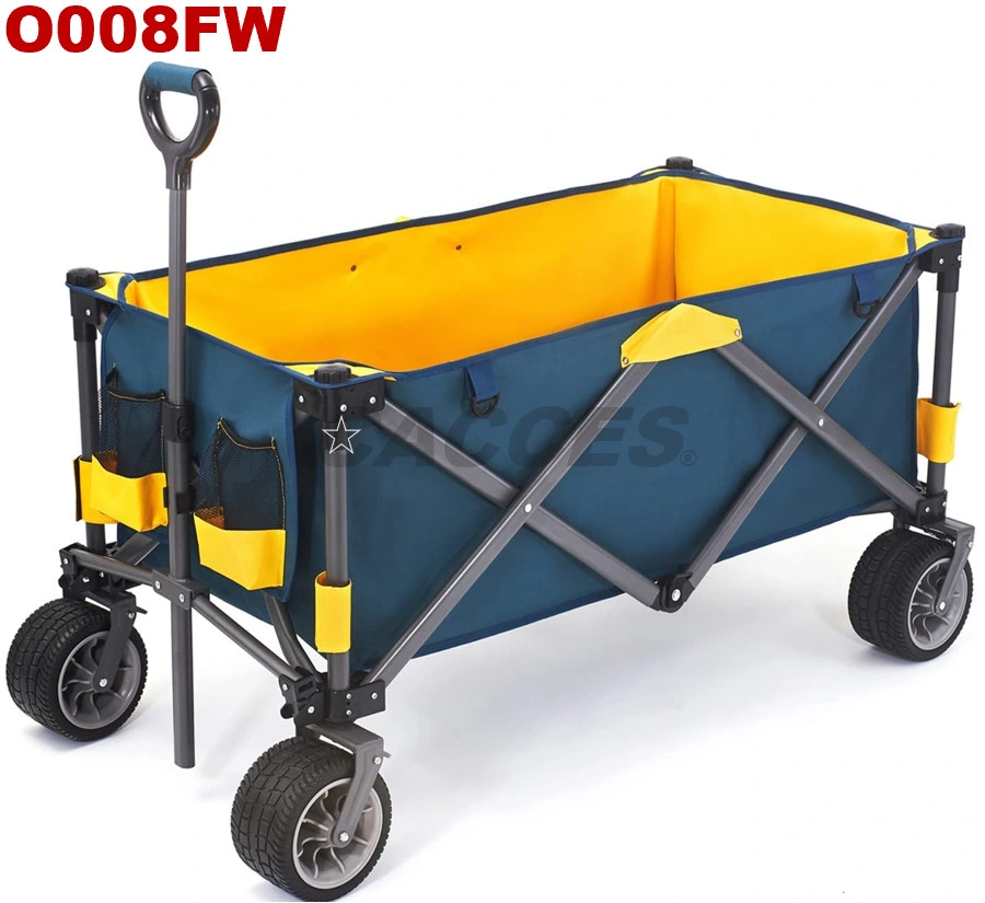 Grand chariot pliable et pliable avec roues robustes tout-terrain de 7*4 pouces, frein solide, poignée réglable et porte-gobelet portable pour jardinage intensif et plage.