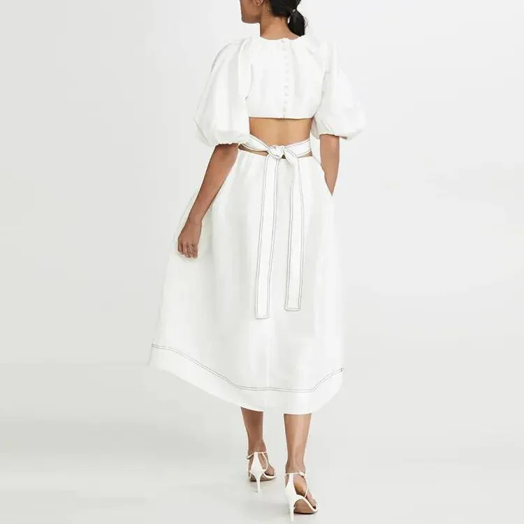 Women Fall Apparel Western Designs Belted Puff Sleeve Cutout Beach Vacation MIDI Dress Modest Women White Linen Dress Long