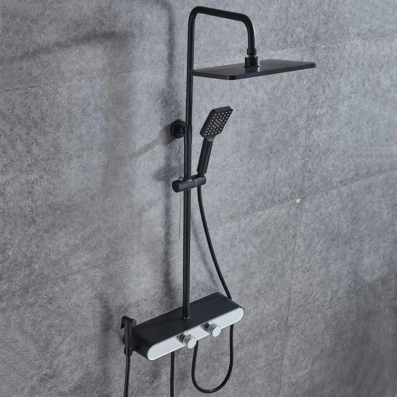 Modern Bathroom Black Square Rain Shower Set with Spray Gun Wall Mounted Shower Set