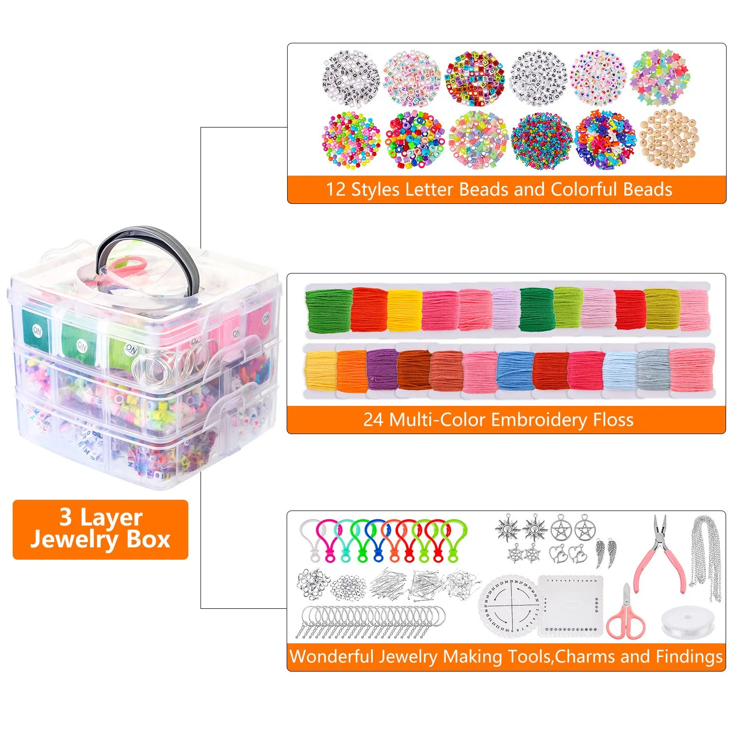 3 Schicht Schmuck Box DIY Armband Halskette Ohrring Herstellung Handwerk Perlen-Kit für Kinder