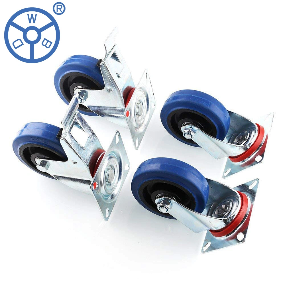 Wbd 4 pouces de tige filetée du roulement à rouleaux bleu tête pivotante plaqué zinc roues roulettes en caoutchouc élastique