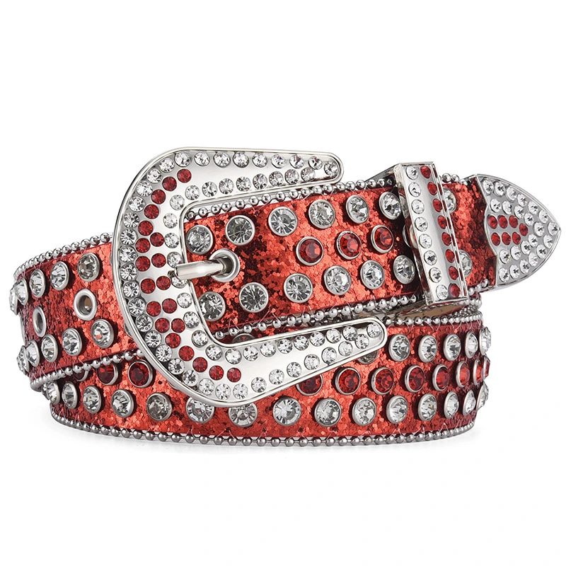 Red Rhinestone Men Belts Crystal Crafts Crocodile Grain Belts for Men in PU Leather