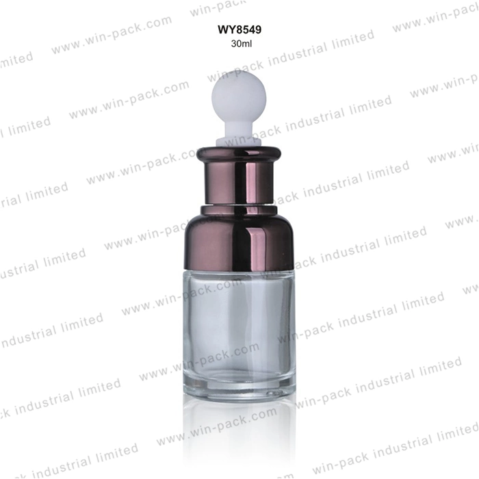 Winpack Luxury Shiny Silver Purple Fancy Glass Dropper Cosmetic Bottles 30ml Special Shape Clear Wholesale/Supplier Glass Dropper Bottle with Big Head Rubber