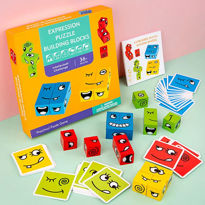 Hot Montessori Expression Puzzles Building Block Face Ändern Logisches Denken Ausbildung hölzerne Kinder frühe Bildung Spielzeug