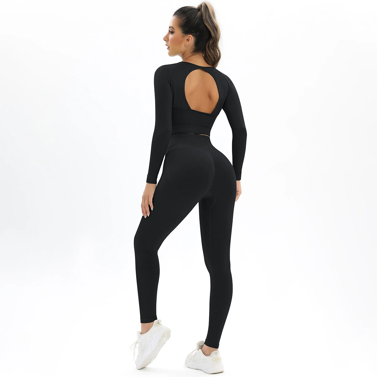 Perfecta Backless durazno tejido elástico alto de manga larga traje Yoga fitness femenino de Deportes de la ejecución de dos piezas