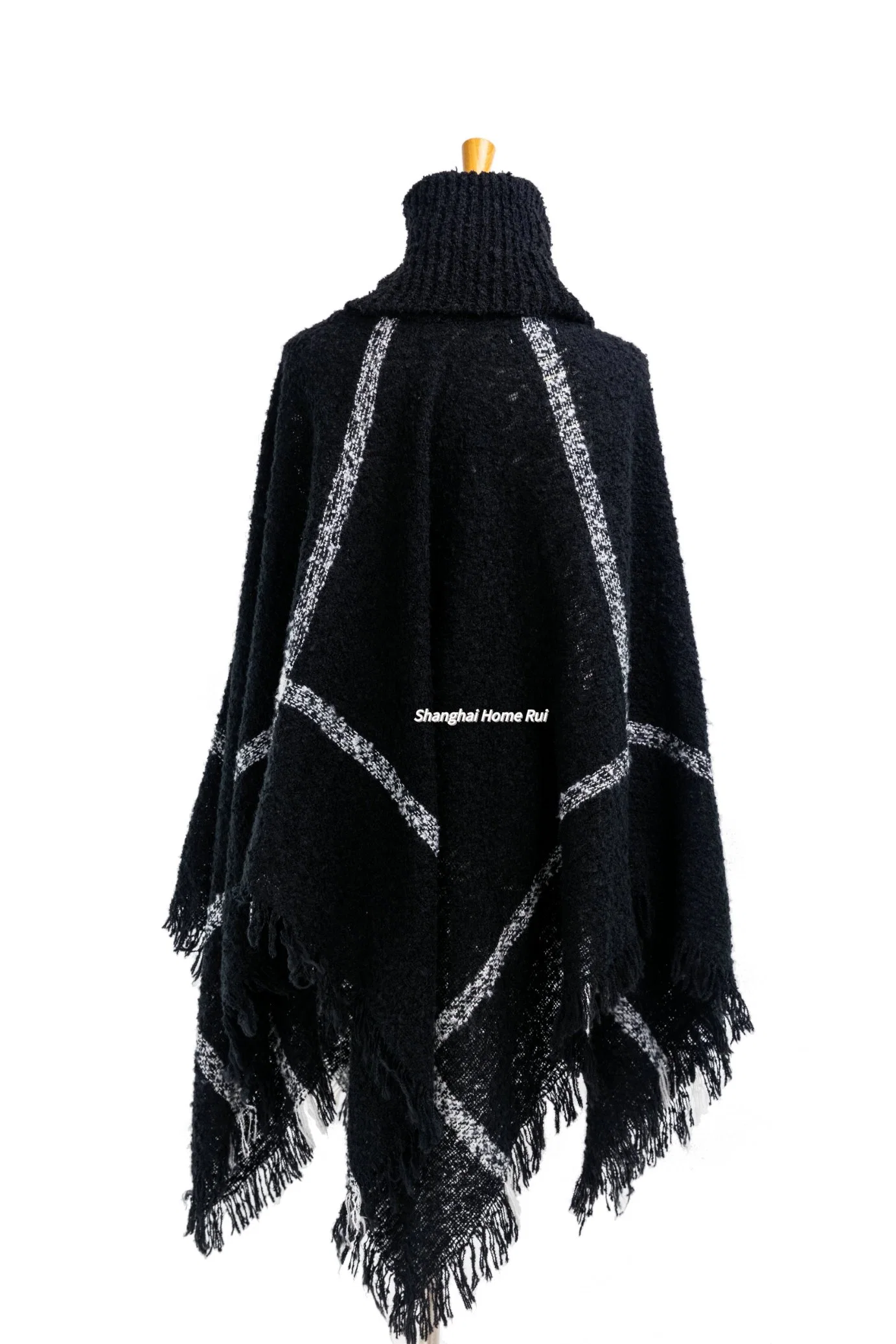 Home Rui Manufacturer Outerwear Autumn Woman Black Apparel Accessory Boucle Fringe Oversize Pullover Lattice Tartan Grids Turtleneck Shawl Cloak Poncho Cape