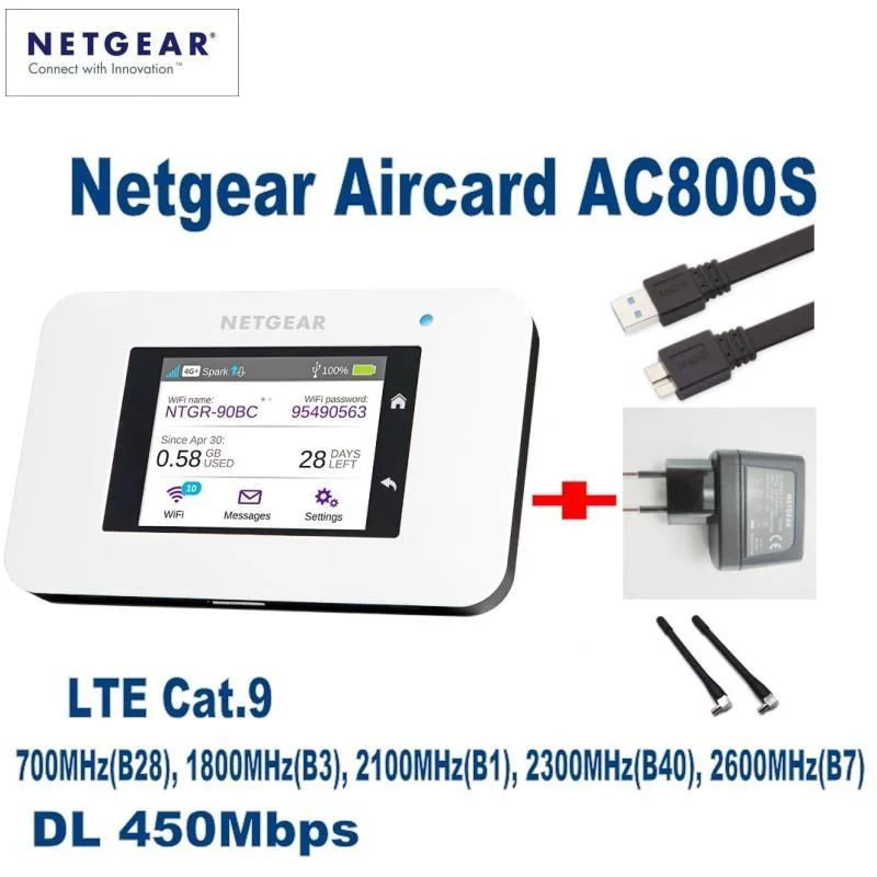 Netgear AC800S déverrouillé Aircard 450Mbps Cat9 4G Logement de carte SIM le routeur sans fil LTE mobile WiFi 2930mAh Batterie