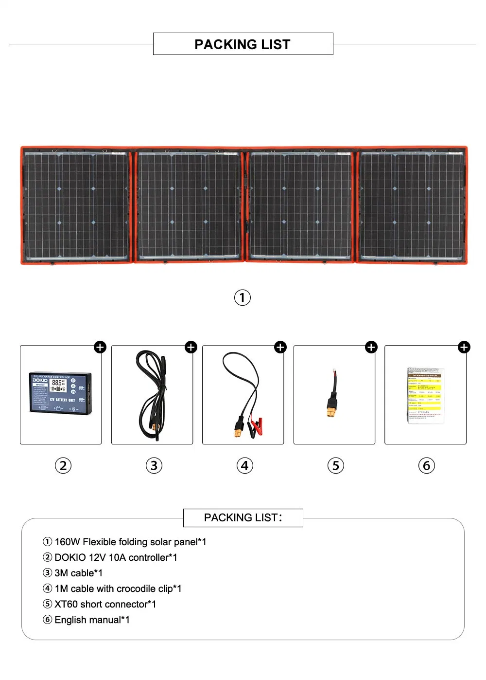 Panneau solaire Dokio Brand 160W 18 volts Chine 160 Watt Module/Système Chargeur/Batterie + Contrôleur 10A 12 volts