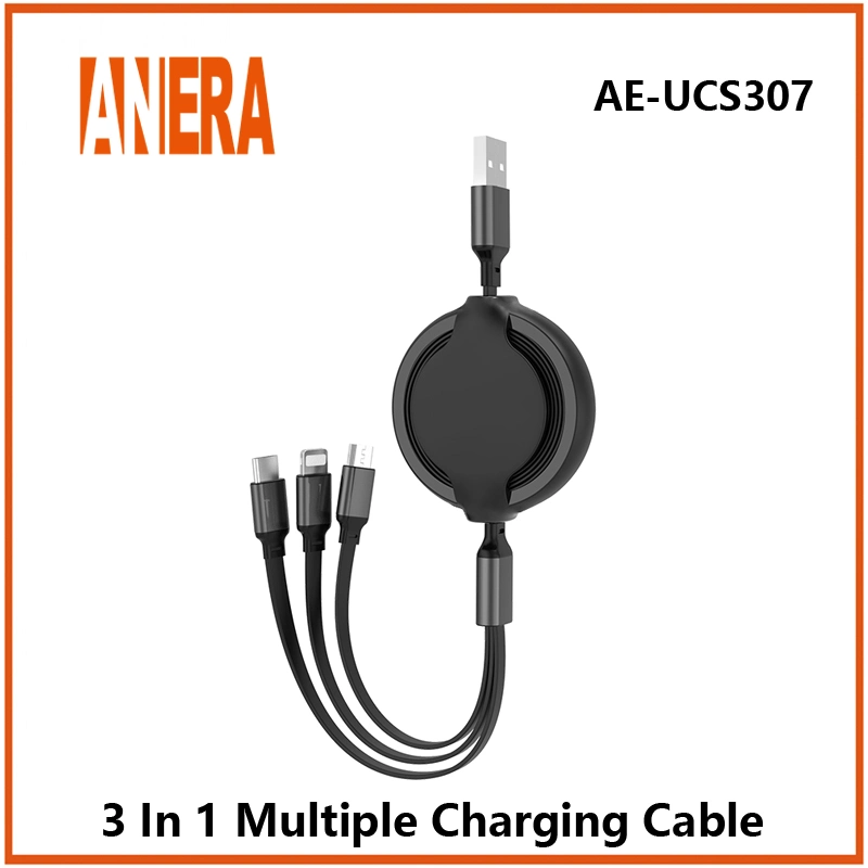 Câble de charge rapide rétractable télescopique flexible 3 en 1 USB2.0 vers Type-C⩓roid&Lightning pour téléphone portable