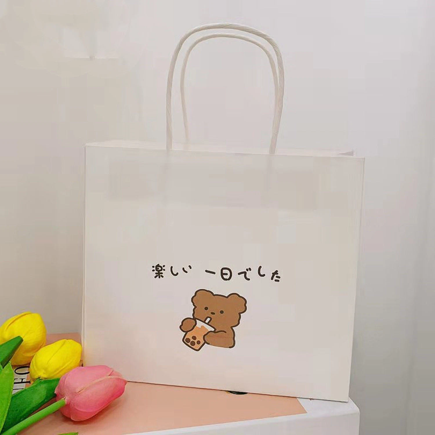 Recycled Kraft Packaging White Cartoon Character Paper Bag, Small Bear Girl Black and White Recycled Paper Bag