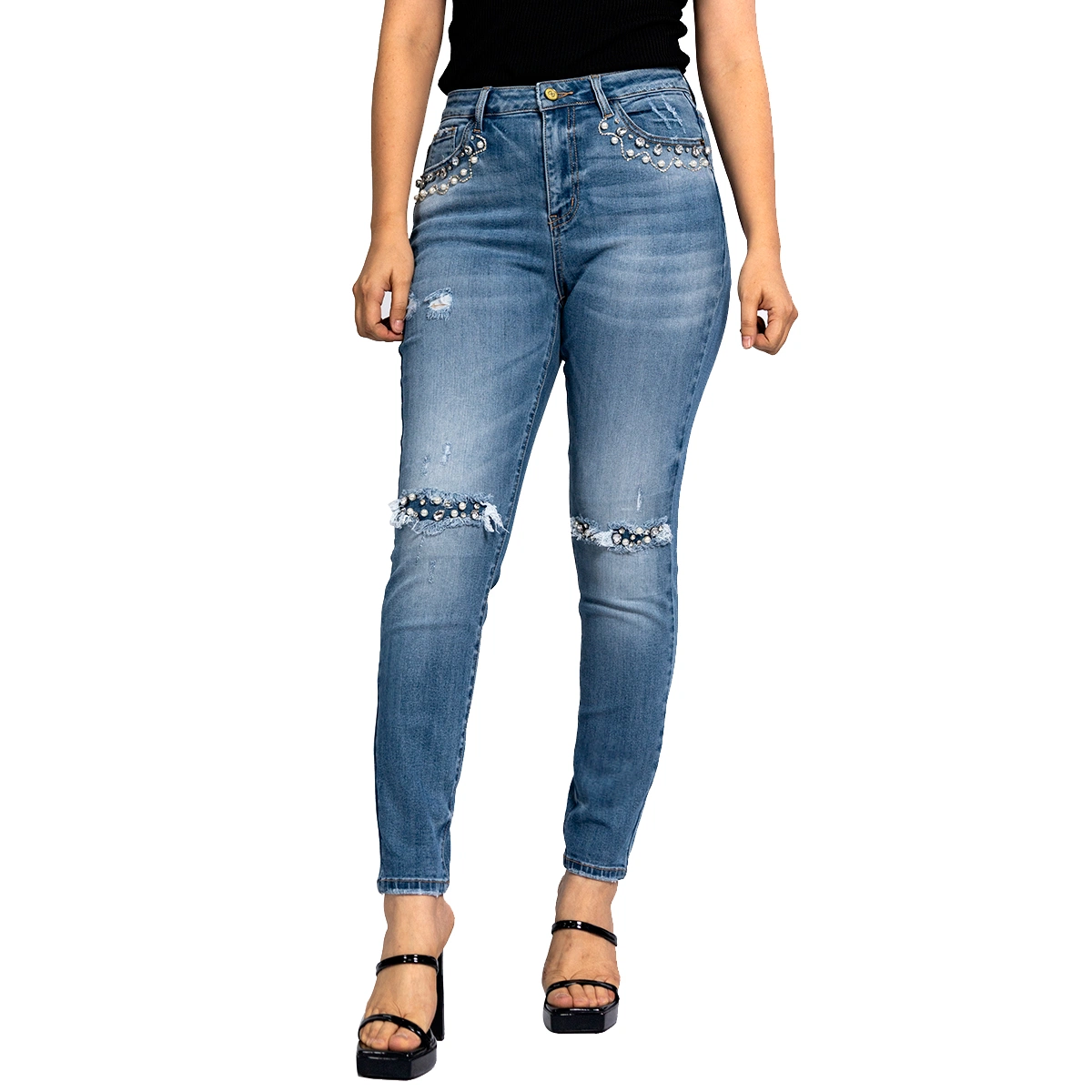 Biselado Appliqued azul Ripped jeans ajustados para la Mujer