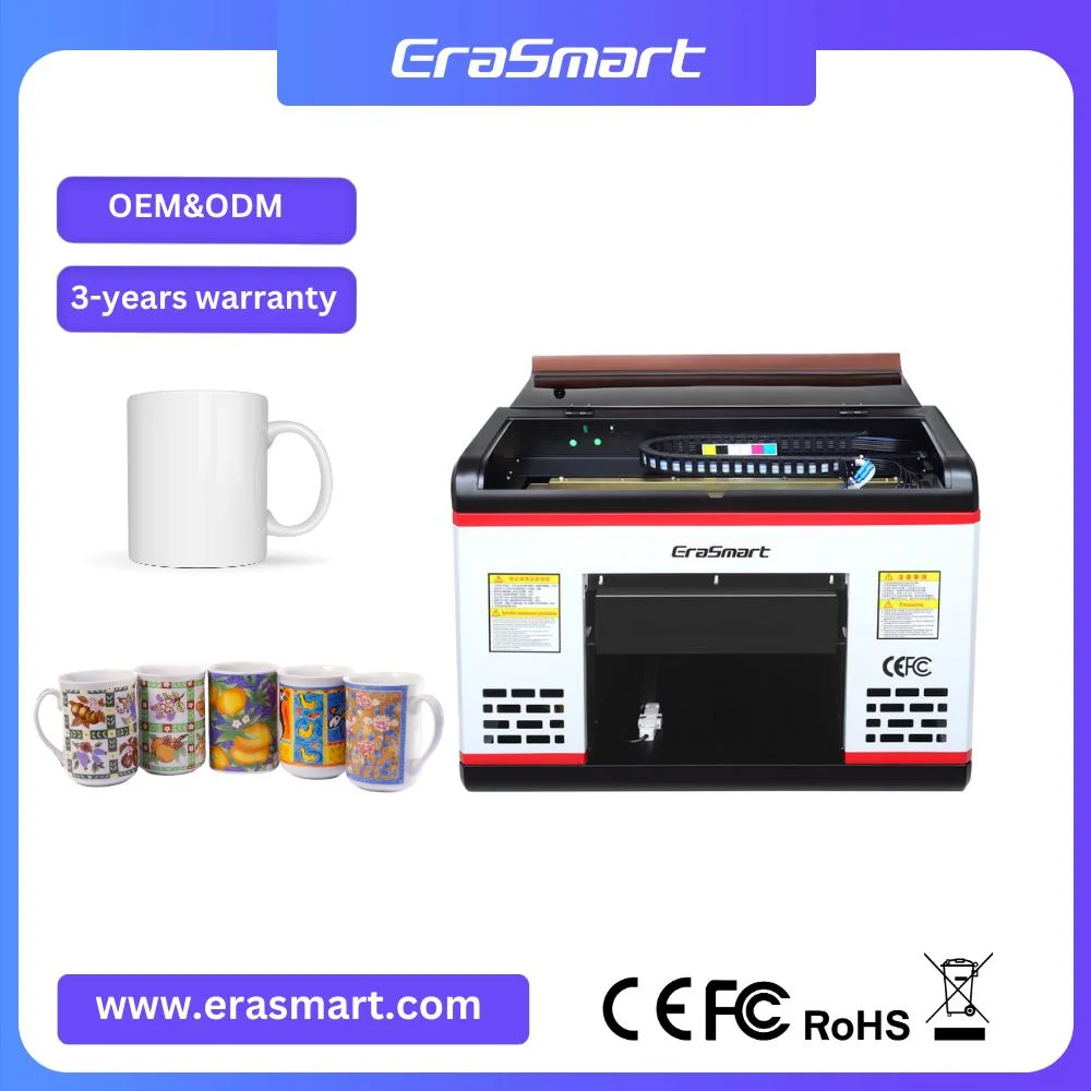 Erasmart UV Printer A3 Size Inkjet Flatbed Printing Machine with Rotary for Flat and Cylinder Glass Cup Relief 3D Embossed