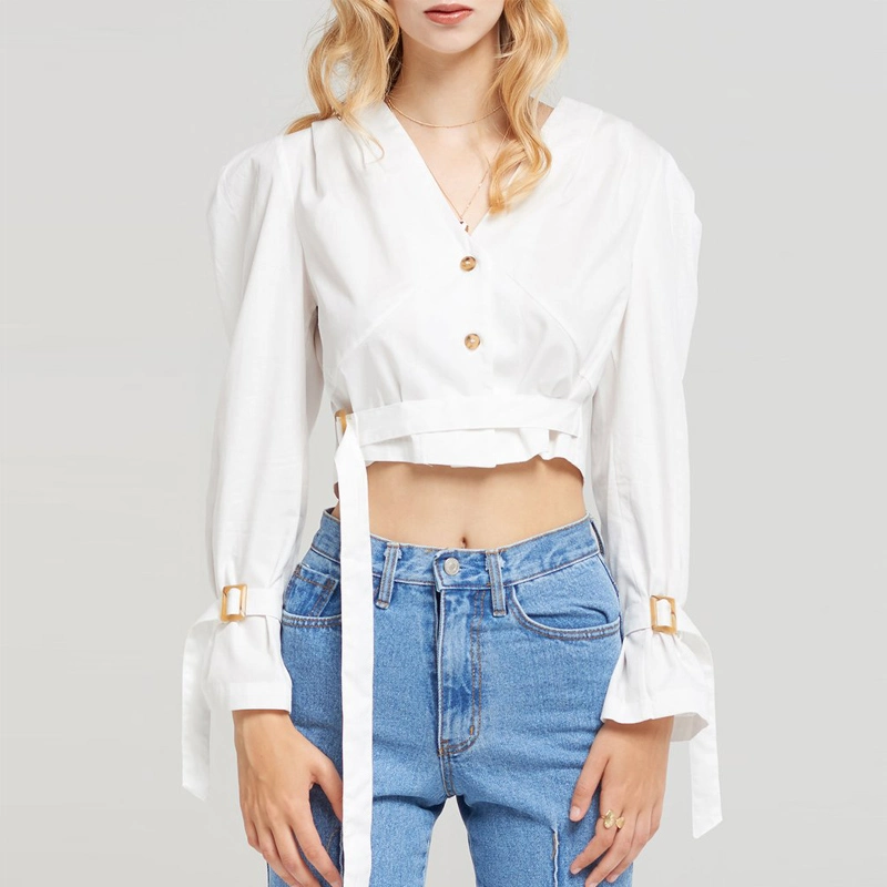 New Fashion Women's Blouse Solid Color Bell Sleeve V-Neck Button up Belt Tie Crop Top Sexy and Chic Wear for Ladies