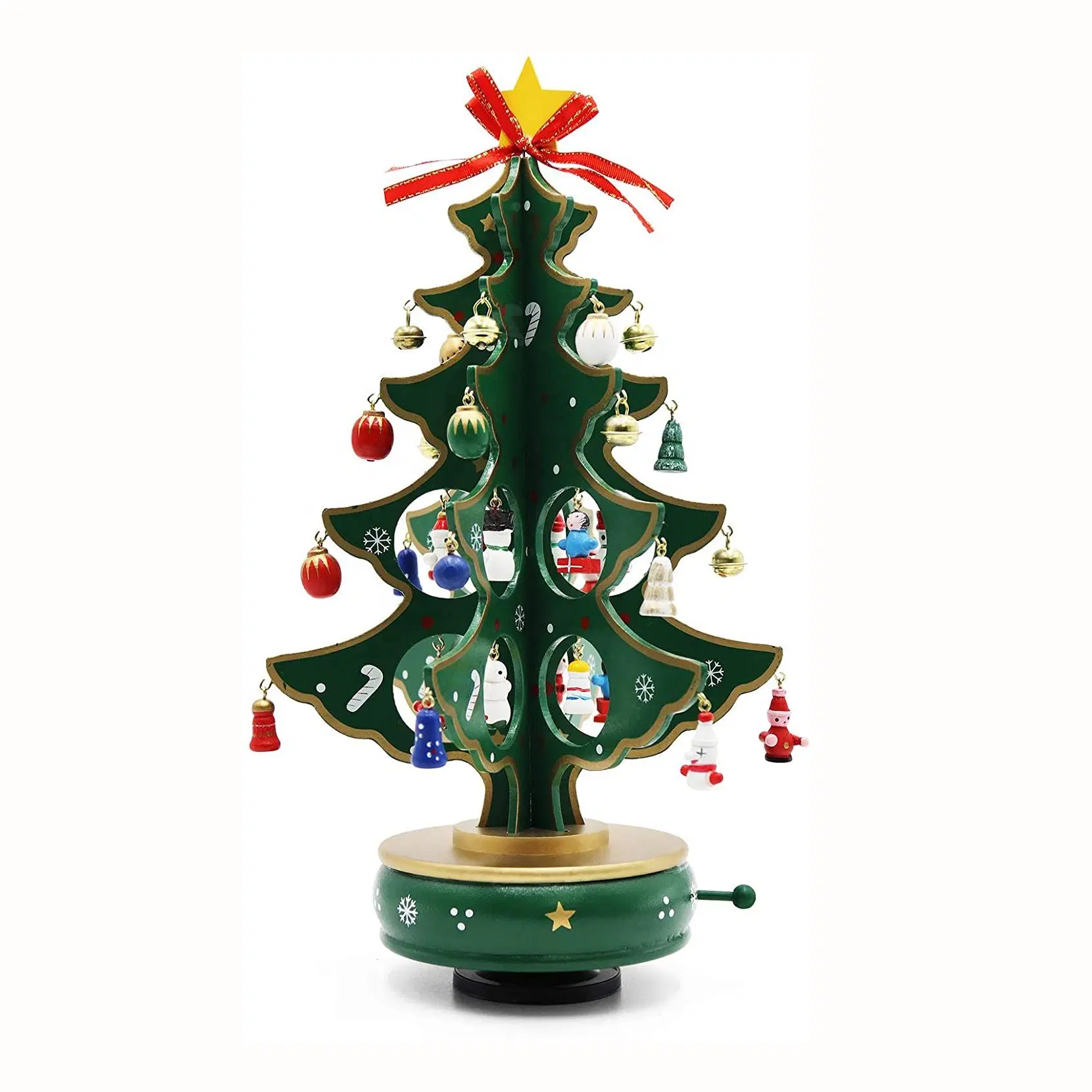 Tabletop Mini Christmas Tree Rotate Wooden Music Box Gift with Ornaments