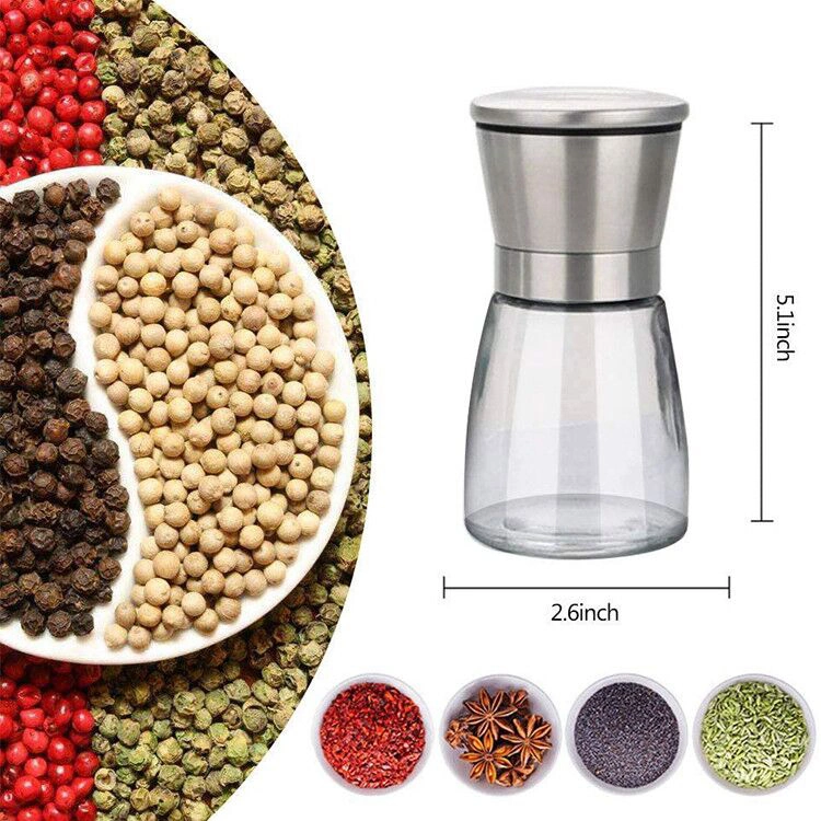 Engraved Glass and Stainless Steel Salt and Pepper Grinders Bottles Metal Mechanism