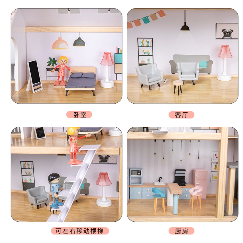 Children Simulation Pretend Wooden Doll House Kids Role Play Toy Three Layer Wooden Villa Baby Educational Wooden Toys