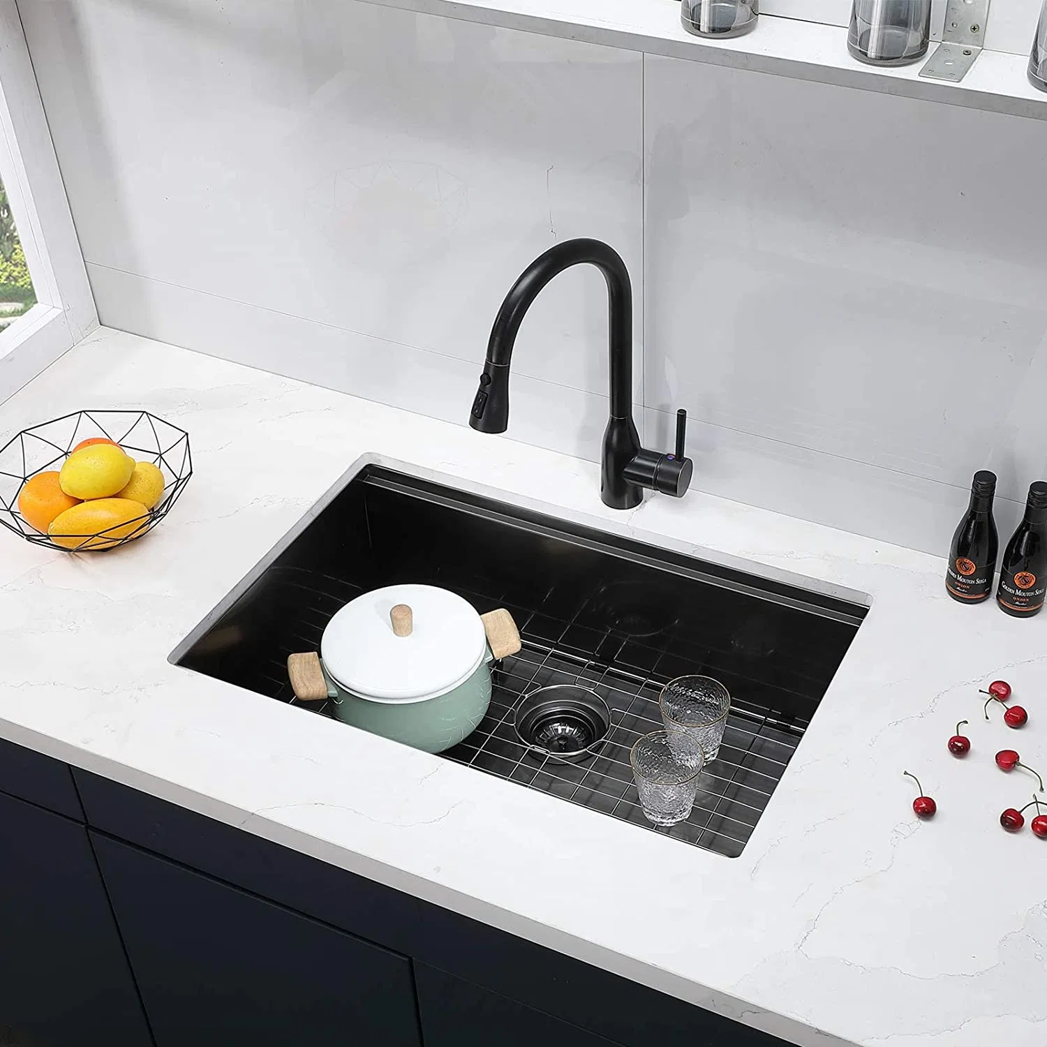 SUS304 Edelstahl Farmhouse Wash Hand Becken Nano Single Bowl Unterbau Handgefertigte Schwarze Küche Becken