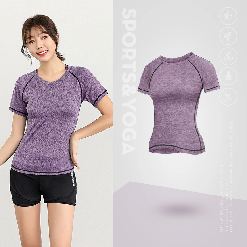 2023 Spring New Professional Yoga Fitness Sports Wear Ladies Round Neck Top Slim Gym Short Sleeves