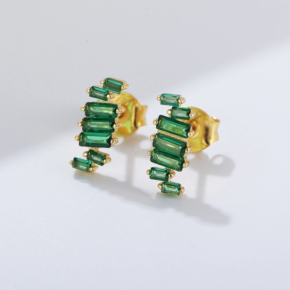 Moda popular 925 Prata Ouro Jóias Earring Geometric Square Brincos de pino de zircão Verde para a oferta para mulher