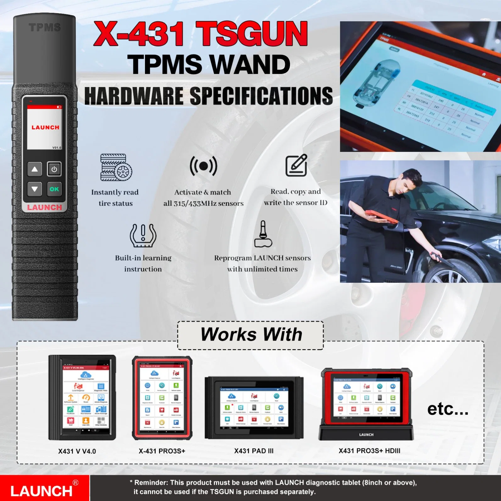 Launch X431 Ts Gun Tsgun TPMS Auto Tire Pressure Diagnostic Tools Activate 315MHz/433MHz Sensor Programming Learning for X431 V/V+/PRO3