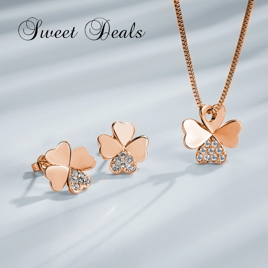 Four Leaf Clover Earrings Necklace Set Fashion Sliver Jewelry