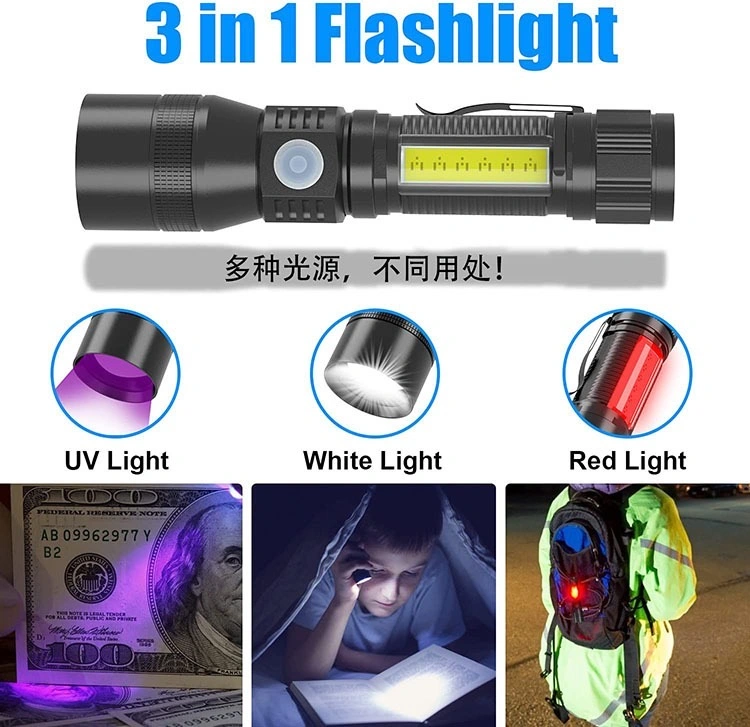 Linterna LED multifuncional con luz UV/luz blanca/luz roja 7 modos de interruptor Linternas impermeables 3 en 1 Linterna zoomable para acampar y reparar automóviles