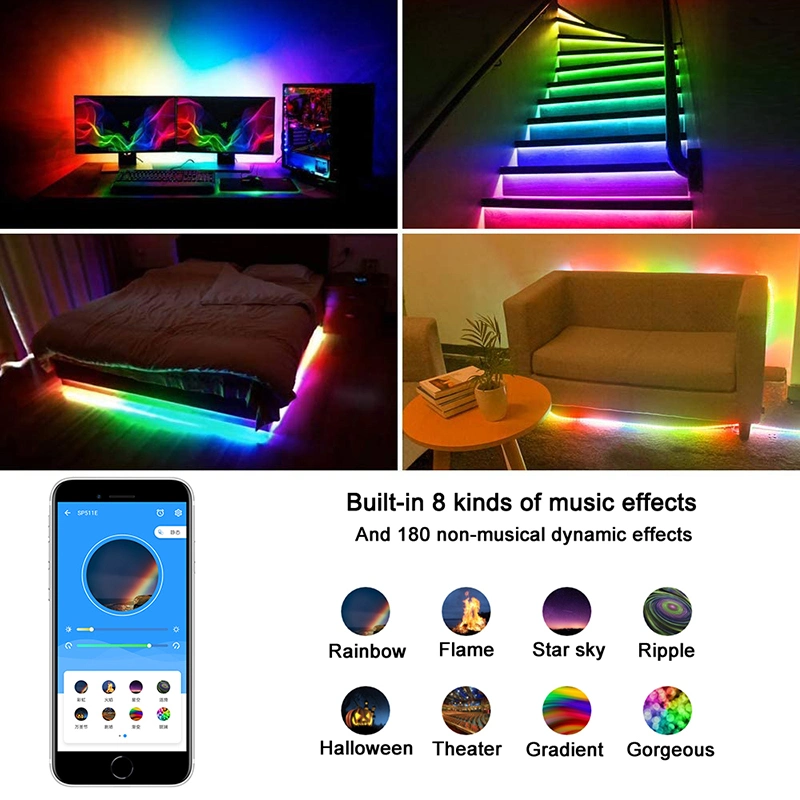 DC5V Ws2812b Individually Addressable 5050 RGB LED Strip and Sp511e Music Controller Bluetooth Dual Output EU Us UK Au Power Kit