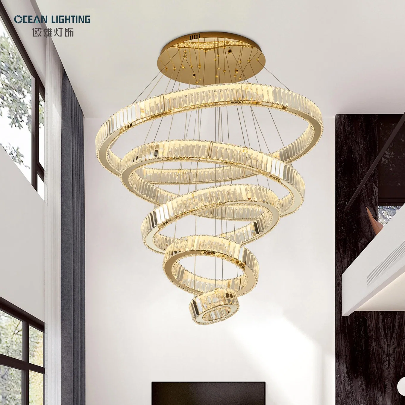 Luz colgante de cristal LED grande en forma de círculo, contemporánea, de lujo y moderna para decoración interior con iluminación oceánica