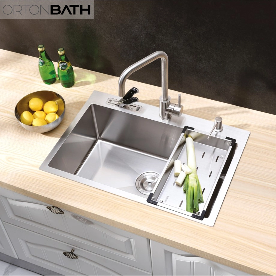 Ortonbath Large 304 Stainless Steel Rectangular Handmade Kitchen Top Mount Sink Catering Single Bowl with Drainer Set