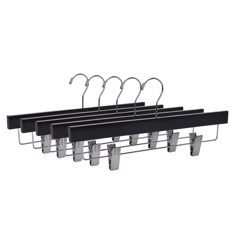 Custom Black Wooden Pants Hanger with Metal Anti-Slip Clamp