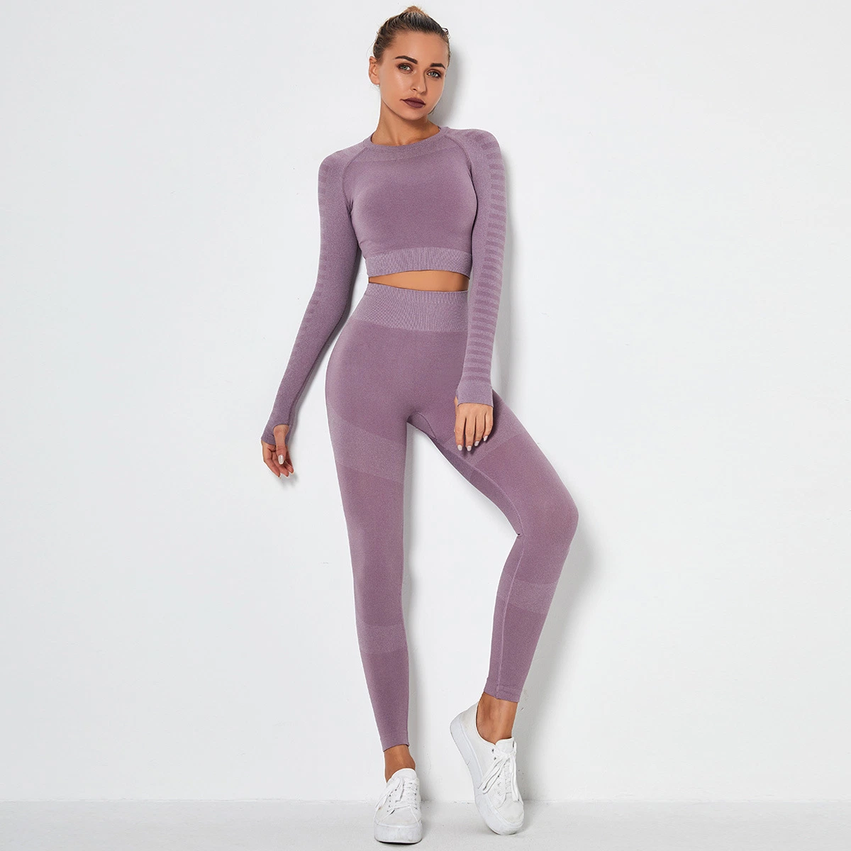 Gestrickt Nahtloses Sport Fitness Yoga Set Sexy Langarm-Top Leggings mit hohem Bund Yoga-Sets für Frauen 2-teilig