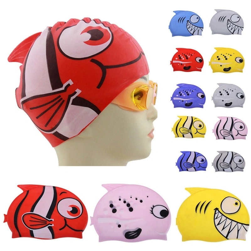 Unisex Cartoon Fisch Form Kinder Kinder Silikon Swim Caps Custom Gedruckt Logo Schwimmhut wasserdicht für Kinder Schwimmen