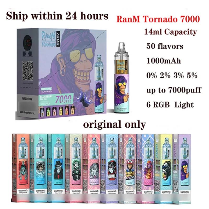 Аутентичные Randm Tornado 7000 отшелушивающей подушечкой Vape Одноразовые комплекты Vape E сигареты 0% 2% 3% 5% 14мл аккумулятор курения гибкий шланг