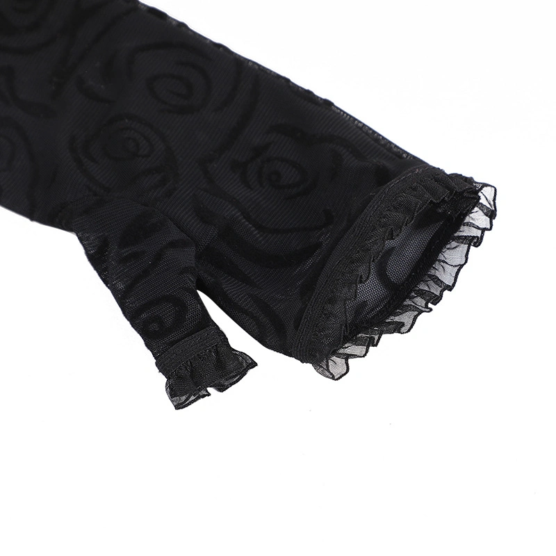 Hueco de la moda femenina de encaje negro de encaje Sexy larga y delgada de malla de protección solar Guantes Fingerless