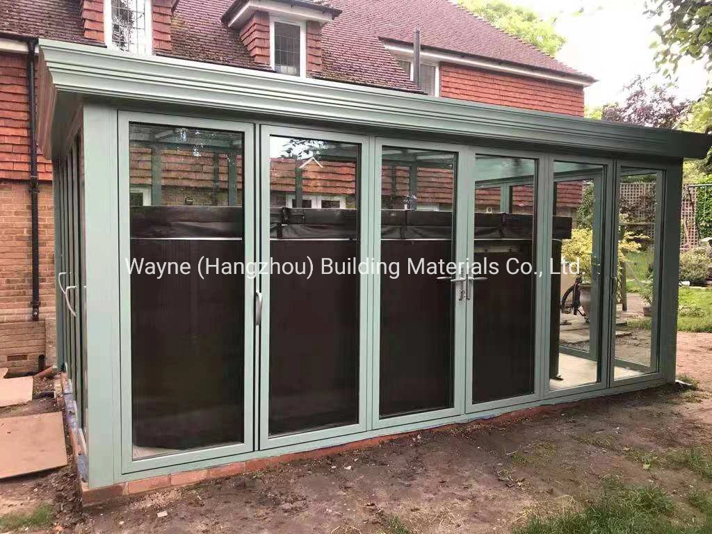 Grüne Farbe Aluminium Aluminium Glas Haus Solarium für SPA Home Gym Gartenhaus Blumenhaus mit thermischen Bruch Aluminium Falten Tür mit Garantie