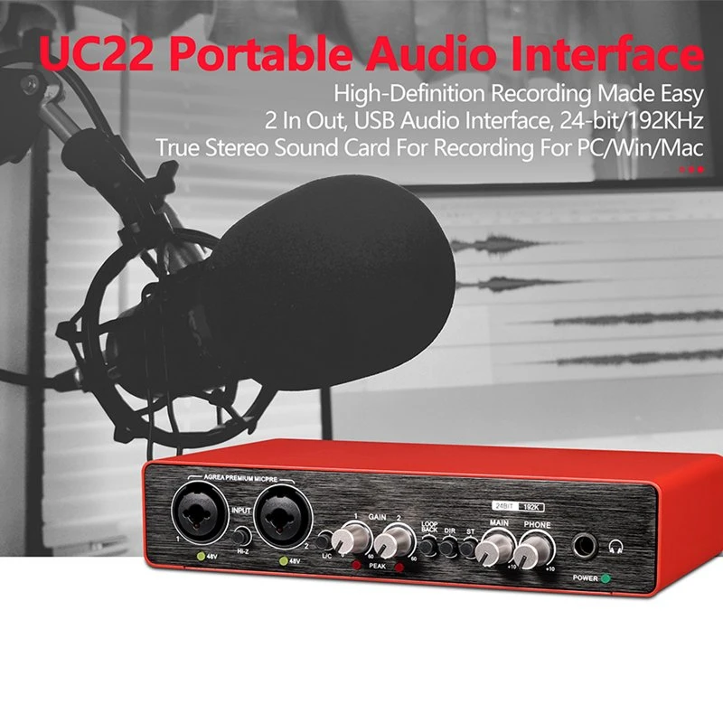 Factory Hot-Sale UC22 2en 2fuera una tarjeta de sonido Estudio de grabación de la interfaz de audio XLR hembra de audio de la interfaz de alimentación USB