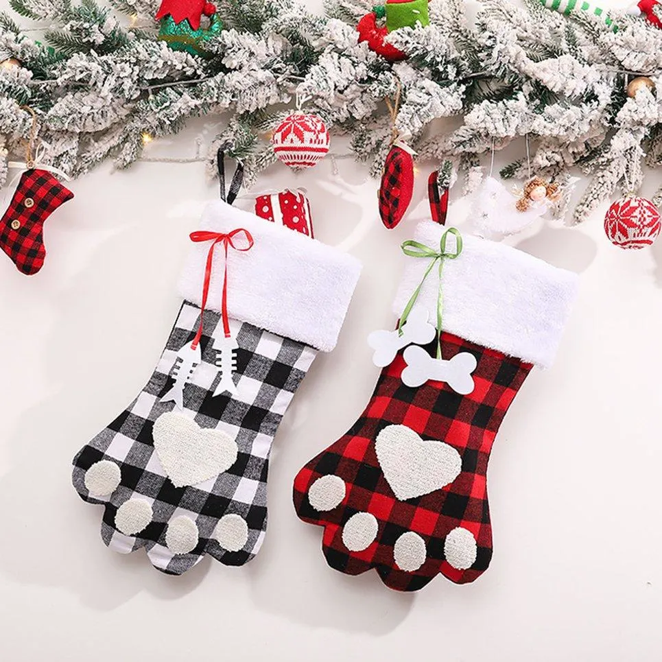 Plaid Dog Paw Sock Christmas Stocking Christmas Tree Pendentif Gift Bag