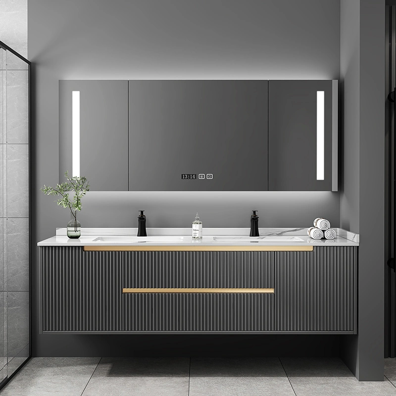 Grey Color Modern New Design Wall Mounted Two Drawers LED Lighted Mirror Bathroom Vanity Cabinet with Rock Plate Sink and Marble Top