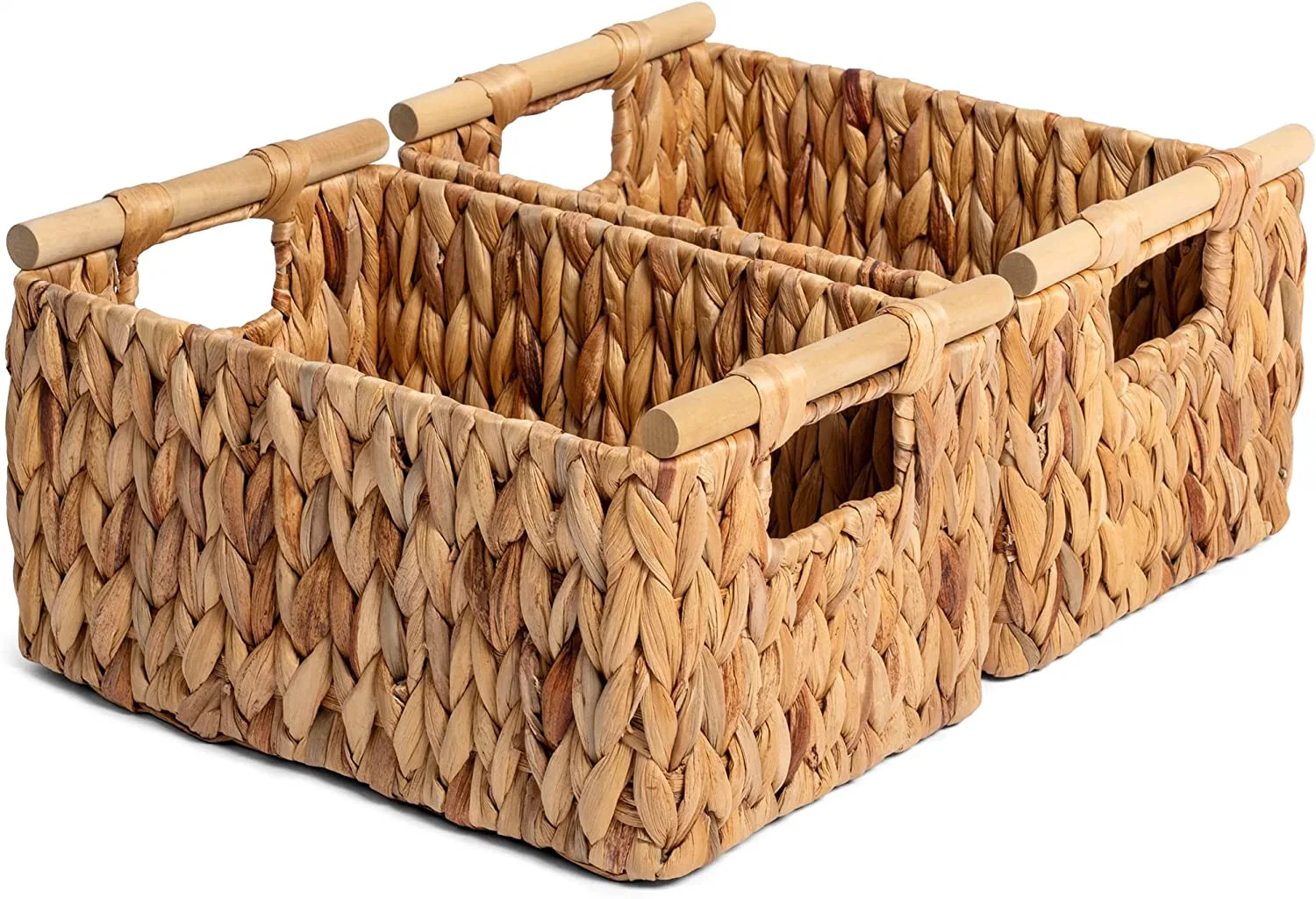Hand Woven Water Hyacinth Wicker Storage Basket with Wooden Handles