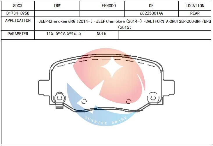 Sdcx D1734-8958 68225327ab Brake Pads Ceramic Material for Chrysler / Jeep Cherokee