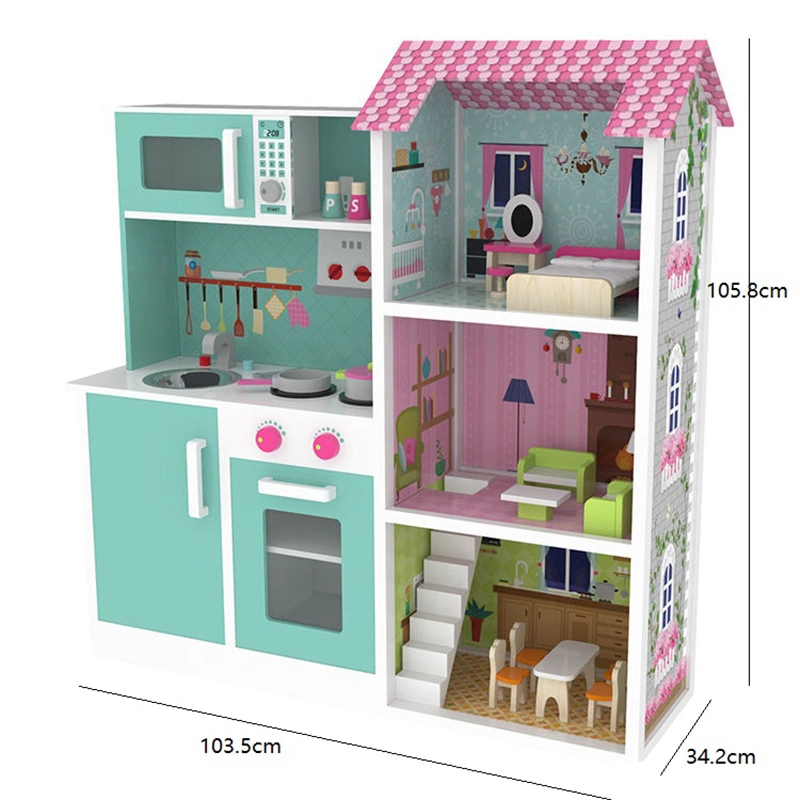 Neues Design Spielwaren Holzspiel 2-in-1 Küche Baby Puppe Haus für Kinder mit Möbeln