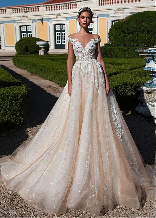 Champagne Lace Bridal Gowns Sleeveless Sequins Wedding Dress H5207