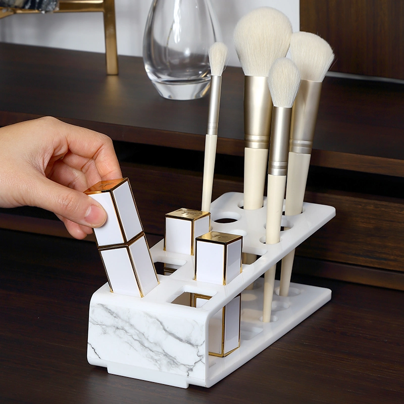 Household Portable Eyebrow Pencil Standing Cosmetic Brushes Holder Marble Design Plastic Makeup Organizer for Brush Lipstick