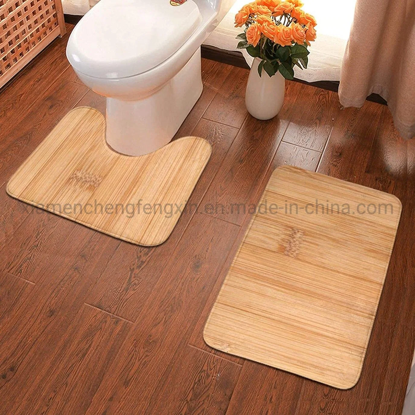 Alfombrilla de baño de madera de bambú 2 piezas Juego de alfombra de baño alfombrilla de baño suave + almohadillas de contorno, baño de alfombra absorbente y alfombrilla Anti-Slip juego de almohadillas