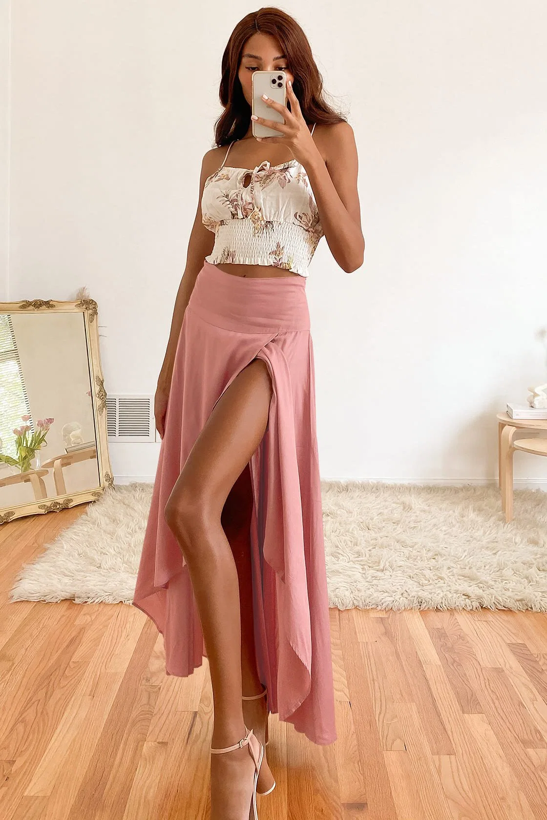 Women's High Low Maxi Skirts Asymmetrical Elastic High Waist Long Draped Tulip Hem Skirt