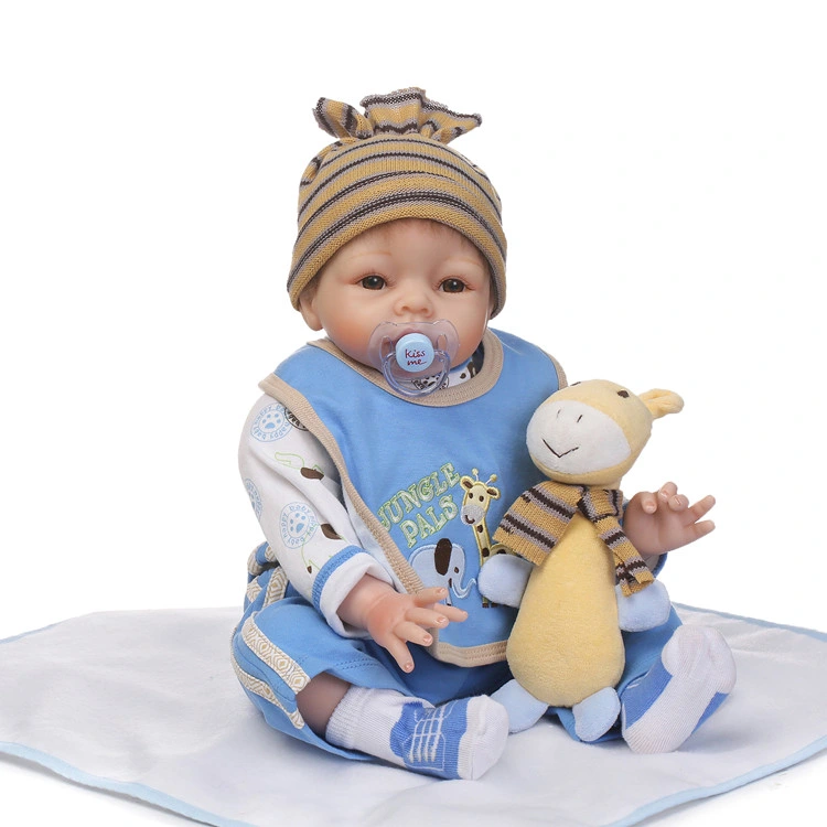 Reborn Baby Doll Soft Silicone Vinyl Baby Boy 22inch 55cm Mouth Cute Boy Wearing Toy Blue Cute Doll Gift Set for Ages 3+