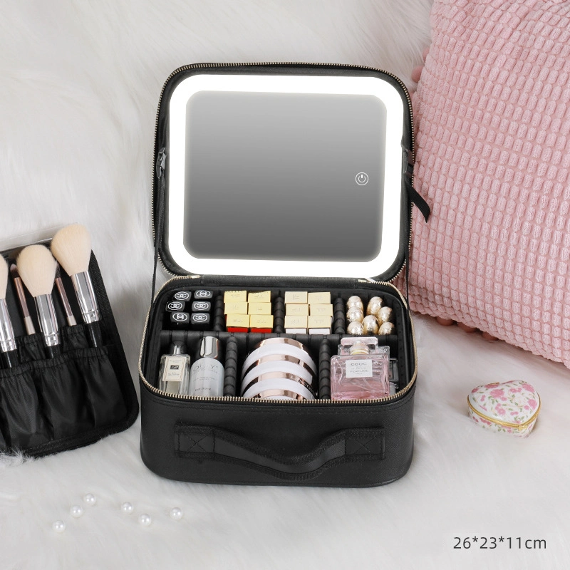 Travel Train Makeup Case with LED Mirror Multifunction Adjustable Brightness Beauty Box Storage Bag for Toiletry Gift Women